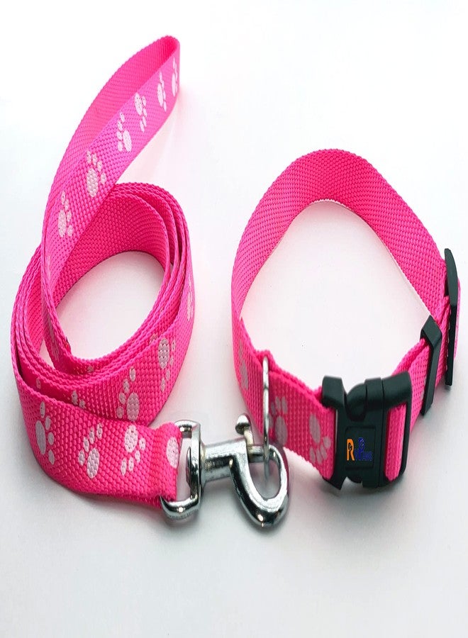 Pups&Pets Nylon Collar and Leash Paw Printed Collar Leash Set Ideal for All Breed Puppies and Small Breed Dogs (15 MM, Pink Colour) - Image 1